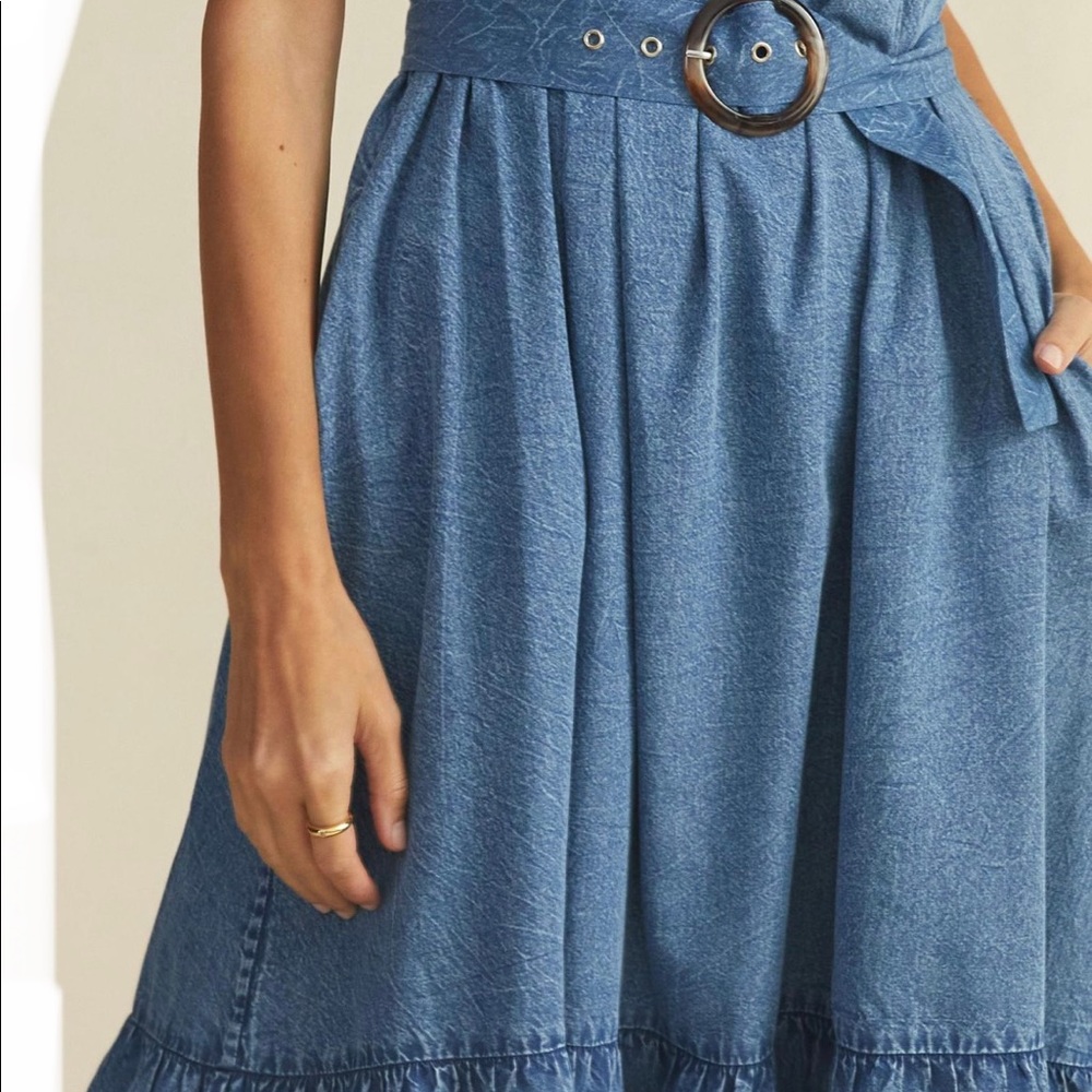 Denim midi belted dress with sleeves and pockets NWT - Picture 2 of 9